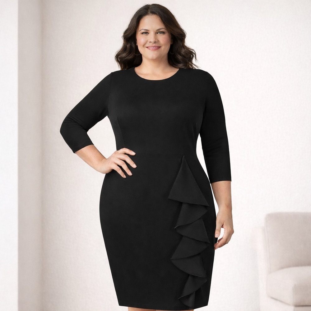 Oxiuly 3/4 Sleeve Stretchy Pencil Dress With Ruffle Cotton Polyester Size 2XL